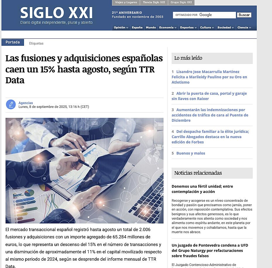 Las fusiones y adquisiciones espaolas caen un 15% hasta agosto, segn TTR Data